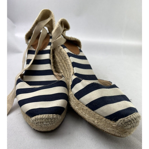 J. Crew Espadrille Wedges Ankle Wrap Striped Canvas Fabric Platform Heel Size 9 - Picture 5 of 6